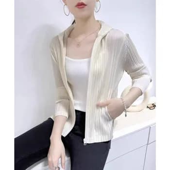 Miyake Pleated Women's Coats Long-sleeved Zipper Cardigan Jacket Women's Hooded Sun Shirt Spring/Summer New 2025 Korean Style