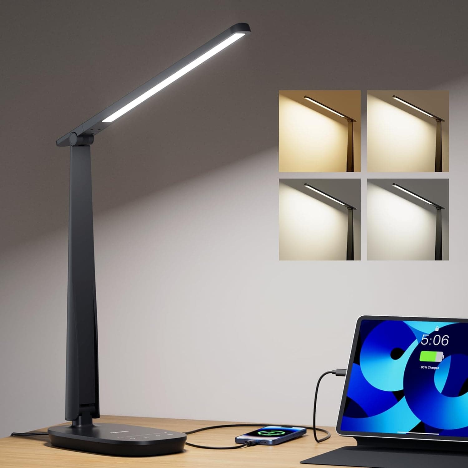 Honeywell Eye-Caring LED Desk Lamp with USB A+C Charging & 4 Light Modes