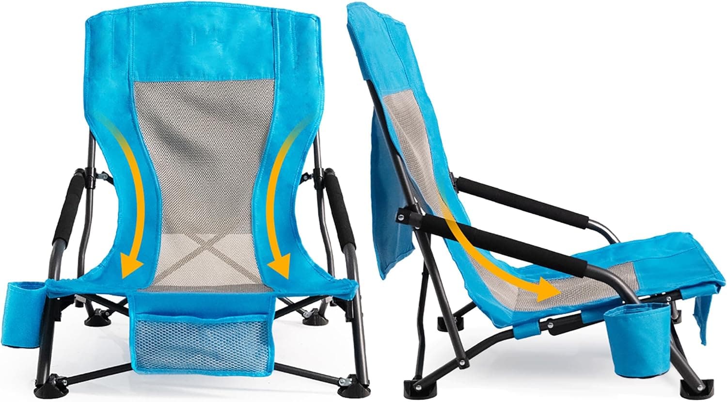 2-Pack Portable Folding Beach Chairs – Lightweight Low Back with Cup Holder & Pocket, 300lbs Capacity (Blue)